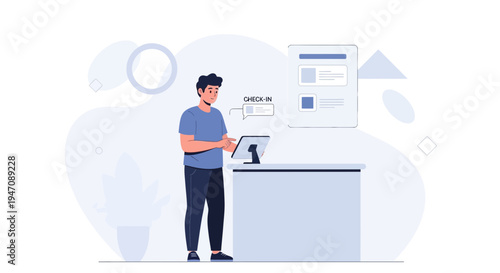 Man checking in at a modern reception desk with a digital kiosk