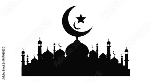 A striking black silhouette depicts a mosque with a crescent moon and star evoking islamic faith and tradition silhouette