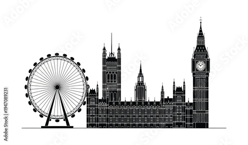 A minimalist black and white graphic illustration featuring the iconic london city skyline view