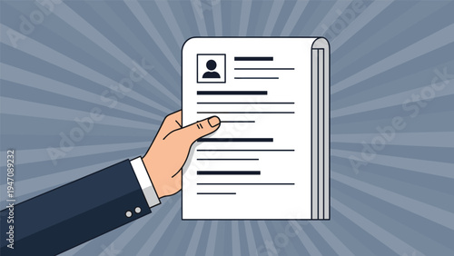 Hand of a businessman holding a professional resume or curriculum vitae against a sunburst background for recruitment themes.