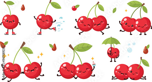 Cute Cartoon Cherry Characters Collection with Funny Fruit Mascots in Different Emotions and Actions for Kids Illustration, Sticker Set, and Playful Food Design