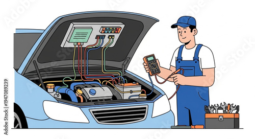 Mechanic with car engine open.