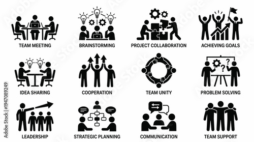 Business teamwork collaboration process icons set
