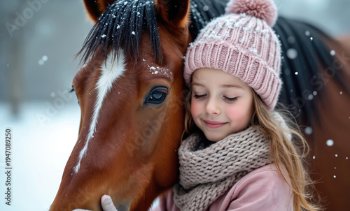 Young girl embraces brown horse in snowy winter landscape. Child wears pink hat and scarf, feeling warmth and love with equine friend outdoors. Gentle snow falls on them.