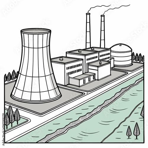A nuclear power plant with a cooling tower