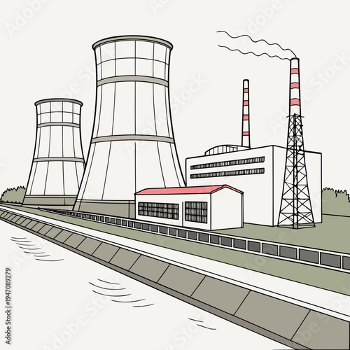 A nuclear power plant with cooling towers and a smokestack