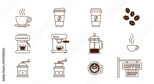 Cafe and coffee equipment drinks minimalist outline icons