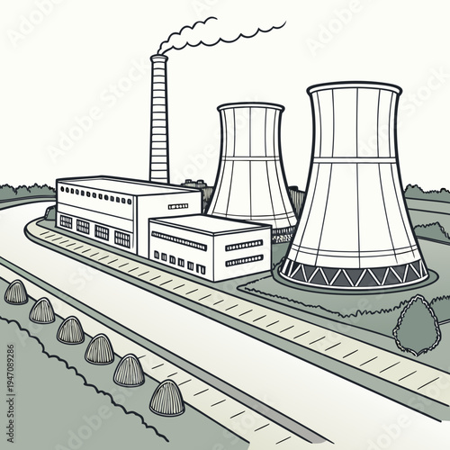A nuclear power plant with cooling towers and a smokestack