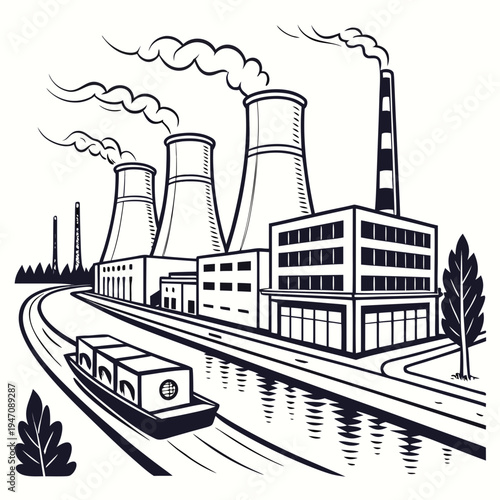 A large industrial power plant with smokestacks