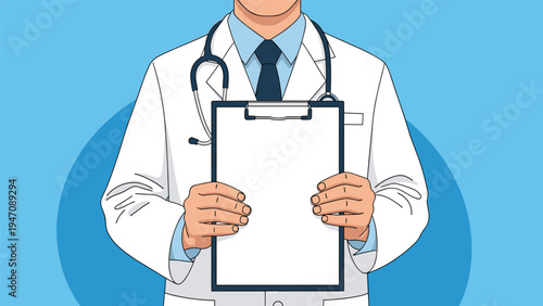 Medical professional in a white coat holding an empty clipboard for medical records or health examination report templates.