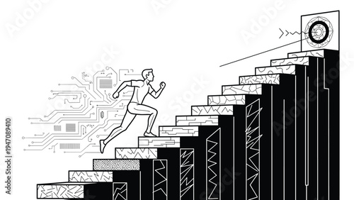 Outline illustration of a man running up a flight of stairs toward a bullseye target representing goal setting and achievement.