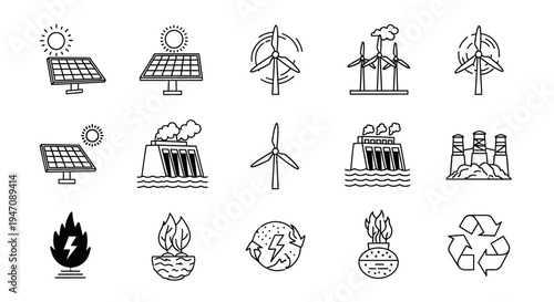 Clean energy and environmental sustainability line art icons set