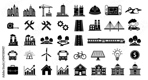 City construction industry transport environment business silhouette icon set