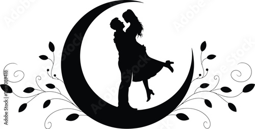 Silhouette of a Couple Hugging on a Crescent Moon, Romantic Night Theme for Anniversary and Engagement Cards, Love and Dreamy Relationship Concept Vector Design