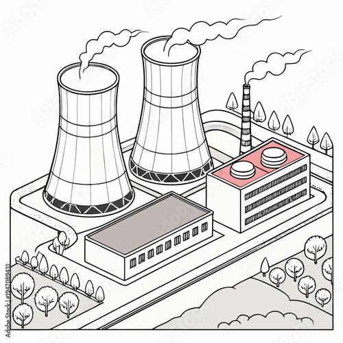 A nuclear power plant with cooling towers