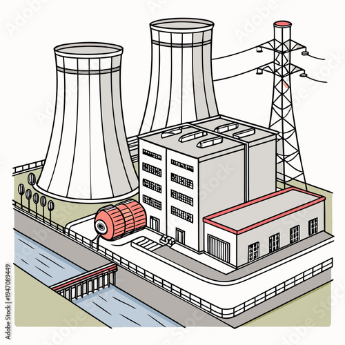 A nuclear power plant with cooling towers and a transmission tower