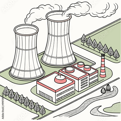 A nuclear power plant with cooling towers and buildings