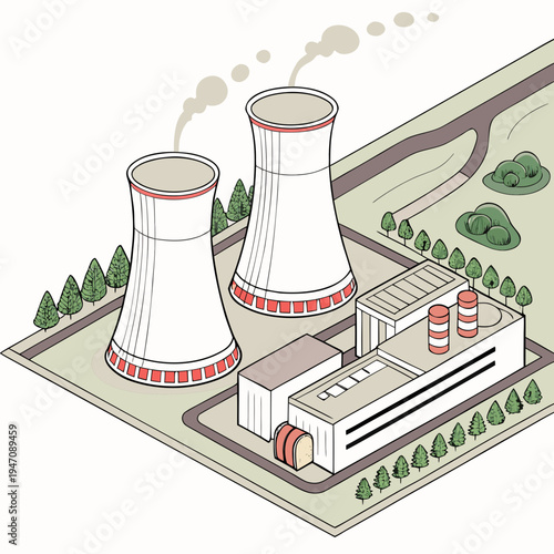 A nuclear power plant with two cooling towers