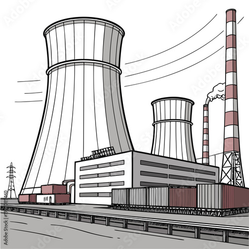 A large nuclear power plant with cooling towers