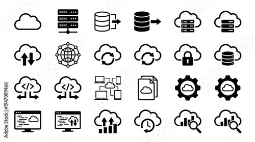 Cloud computing, data storage, and network technology icon set