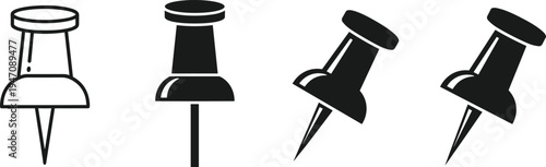 Push pin silhouette illustration, office supply artwork design, stationery graphic symbol drawing, vector anchor point artwork, black white icon design, editable