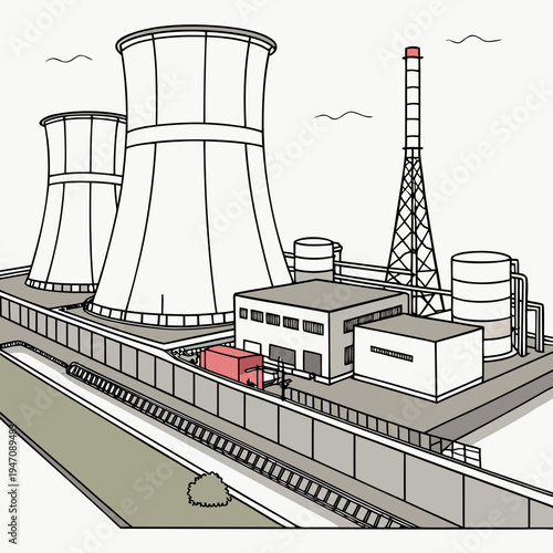 Nuclear power plant with cooling towers and a smokestack