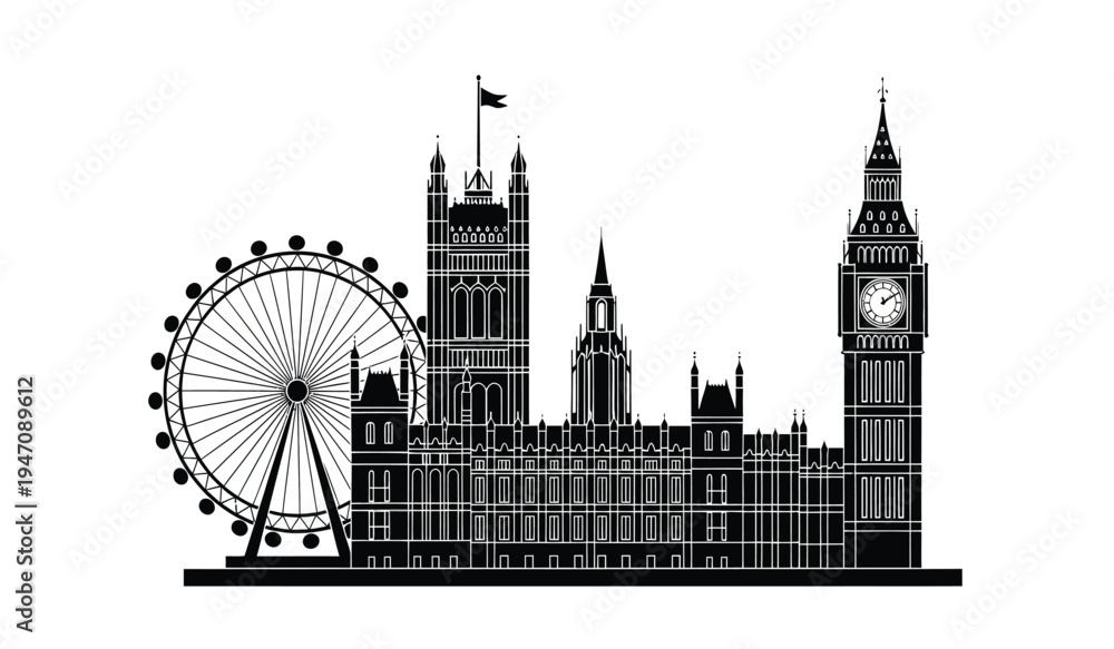 Obraz premium A detailed black silhouette graphic depicting the iconic london skyline with major city landmarks