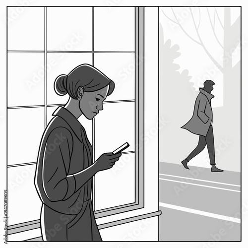 Woman in a robe looking at her phone by a window