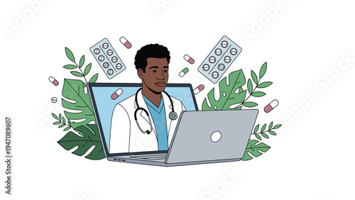 Telemedicine concept with a male doctor on a laptop screen surrounded by floating pills, capsules, and green leaves for health.