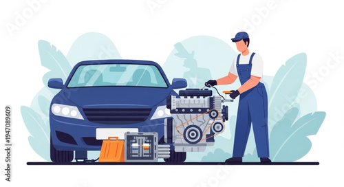 Mechanic with car engine repair.