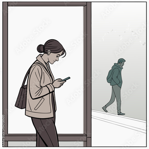 Woman looking at phone while another person walks by outside