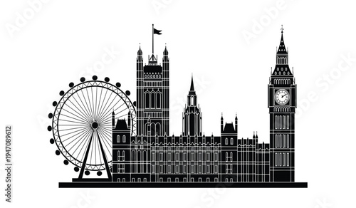 A detailed black silhouette graphic depicting the iconic london skyline with major city landmarks