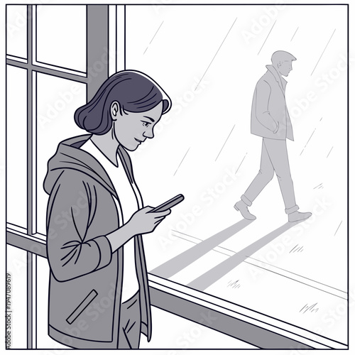 Woman looking at her phone while standing by a window