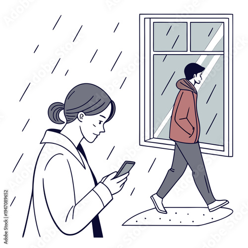 A woman looks at her phone while a man walks by outside in the rain