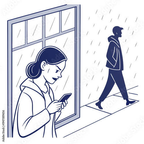 Woman looking at her phone while man walks by outside in the rain