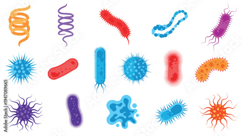 Colorful collection of various bacteria, virus, and germ microorganisms for medical education and disease prevention research.