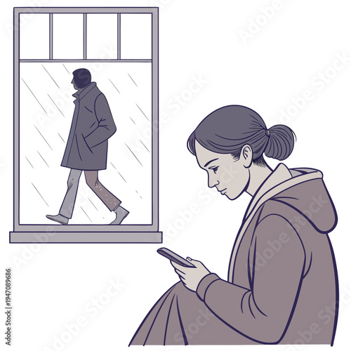 A woman sits and uses her phone while looking out the window at a passerby