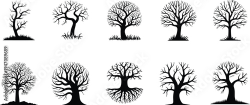 Collection Of Ten Silhouetted Bare Trees With Varied Shapes And Roots Keywords: tree, silhouette, bare, winter, deciduous