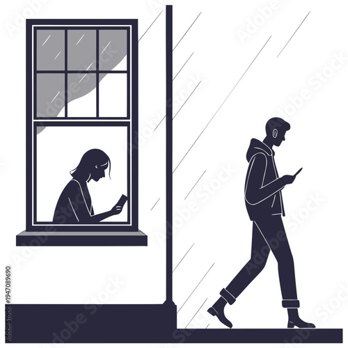 A man walks by a woman looking out a window