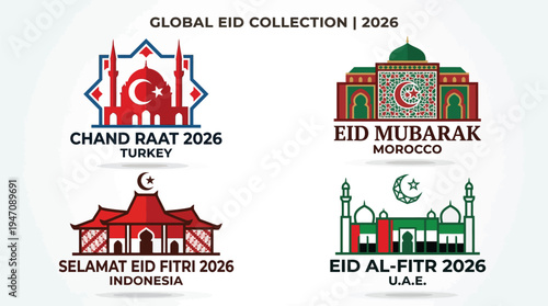 Set of four Global Eid 2026 country badges Turkey Morocco Indonesia UAE