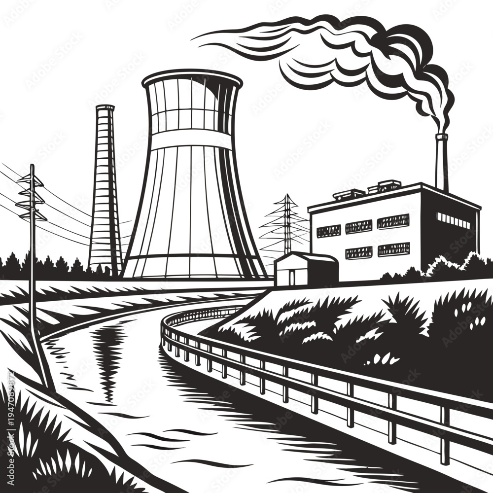 Obraz premium A nuclear power plant with a cooling tower and smokestack