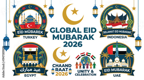 Global Eid Mubarak 2026 country badges including UAE, Turkey, Egypt and Indonesia