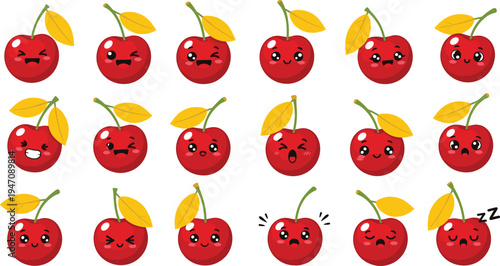 Cute Cherry Fruit Characters Collection with Kawaii Cartoon Cherries, Funny Facial Expressions and Sweet Red Berry Mascots for Kids Stickers and Summer Designs