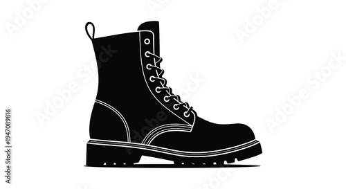 A striking black combat boot illustration presented on a clean white background a bold silhouette high quality professional