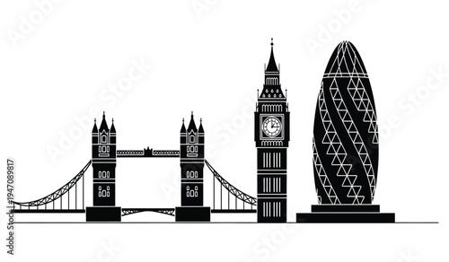 Black and white silhouette illustration featuring iconic architectural landmarks of london city