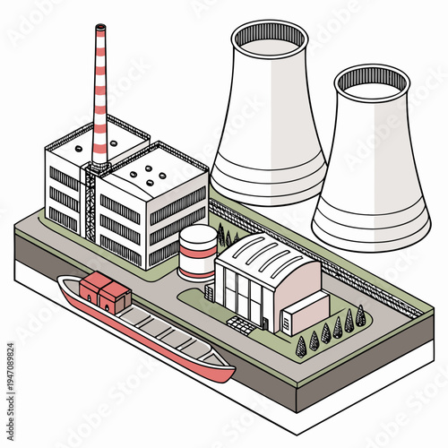 A nuclear power plant with cooling towers and buildings