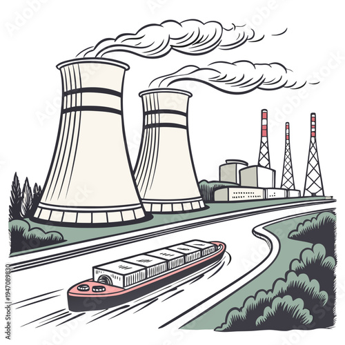 A large cargo ship sails past a nuclear power plant