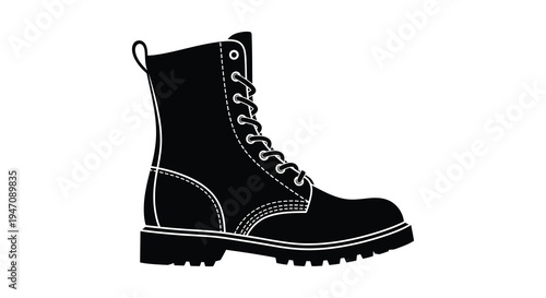 A detailed view of a classic black combat boot showcasing its laces and sole a striking silhouette