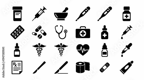 Collection of black medical and healthcare icon silhouettes