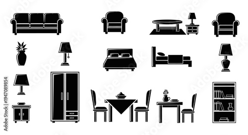 Collection of black silhouette home furniture icons on white